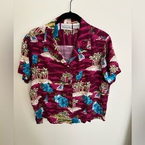 Basic Editions Maroon and Blue Tropical Crop Top